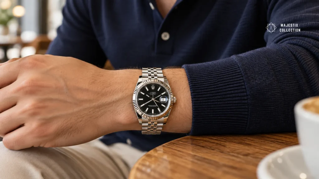 Fluted-bezel Jubilee Datejust styled with a knit polo and tailored chinos
