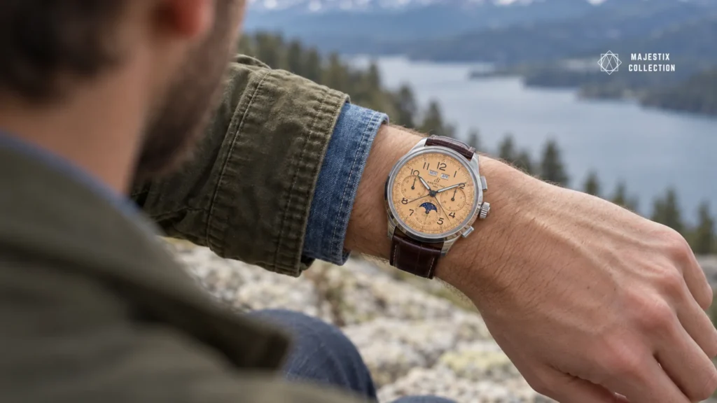 Man wearing a salmon pink dial watch on a steel case with an olive casual outfit