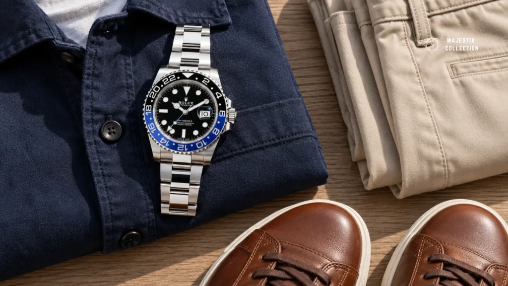 Navy overshirt, stone chinos, and brown sneakers outfit with a Rolex Batman GMT-Master II on an Oyster bracelet