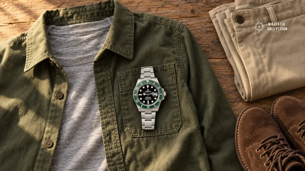 Olive overshirt, khaki chinos, and suede boots outfit with a green bezel Rolex Starbucks Submariner