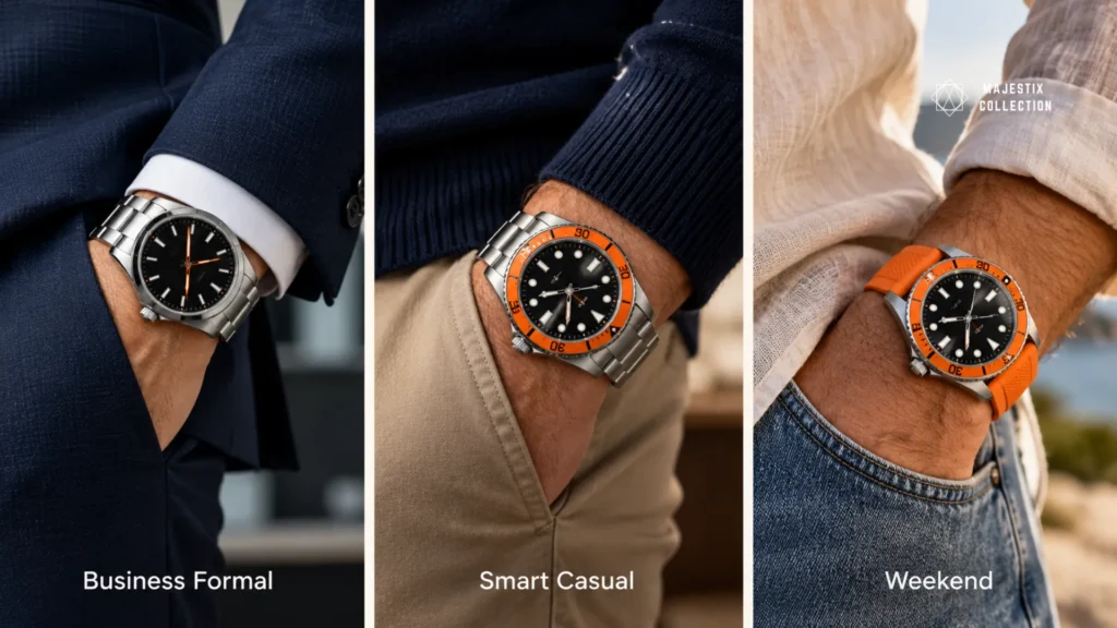 Orange accent watch outfits for business formal, smart casual, and weekend dress codes