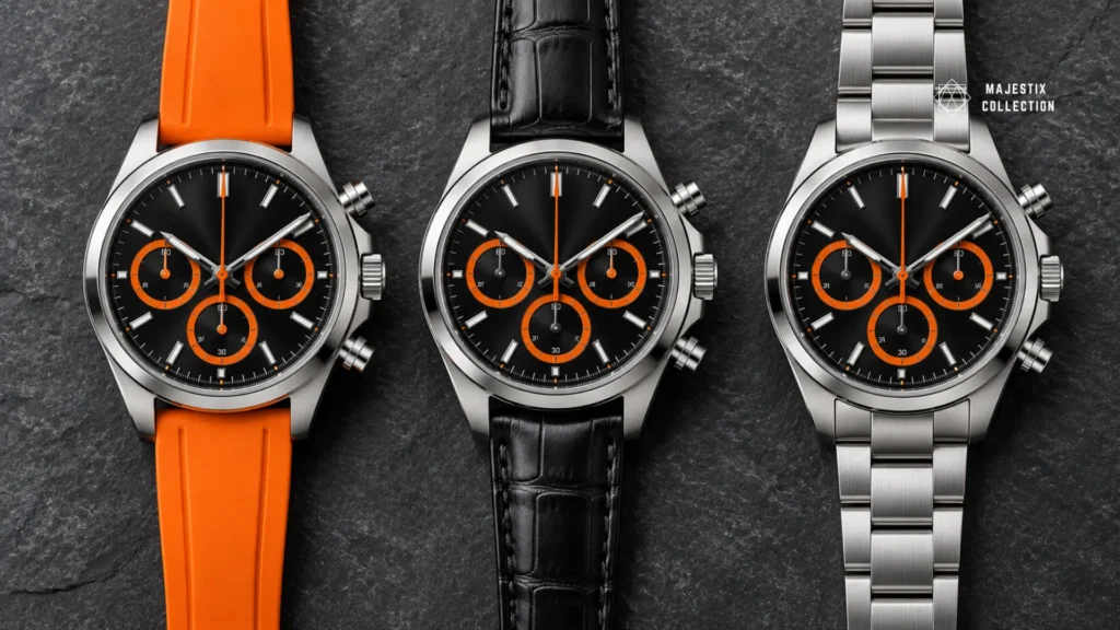 Orange accent watch on orange rubber, black leather, and steel bracelet side by side
