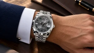 Outfit combinations for a gray or slate dial: Rolex Datejust 41 Wimbledon on a white cuff under a navy sleeve