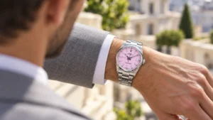 Pink dial watch styled with a navy outfit, showing outfit combinations for a pink dial
