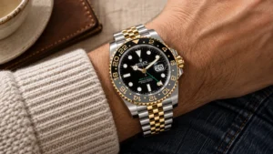 Two-tone Rolex GMT-Master II styled as part of a casual outfit combination on a man's wrist
