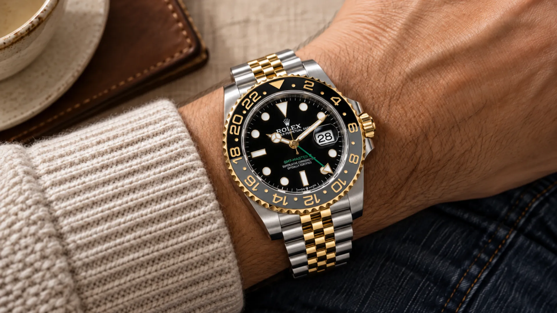 Two-tone Rolex GMT-Master II styled as part of a casual outfit combination on a man's wrist