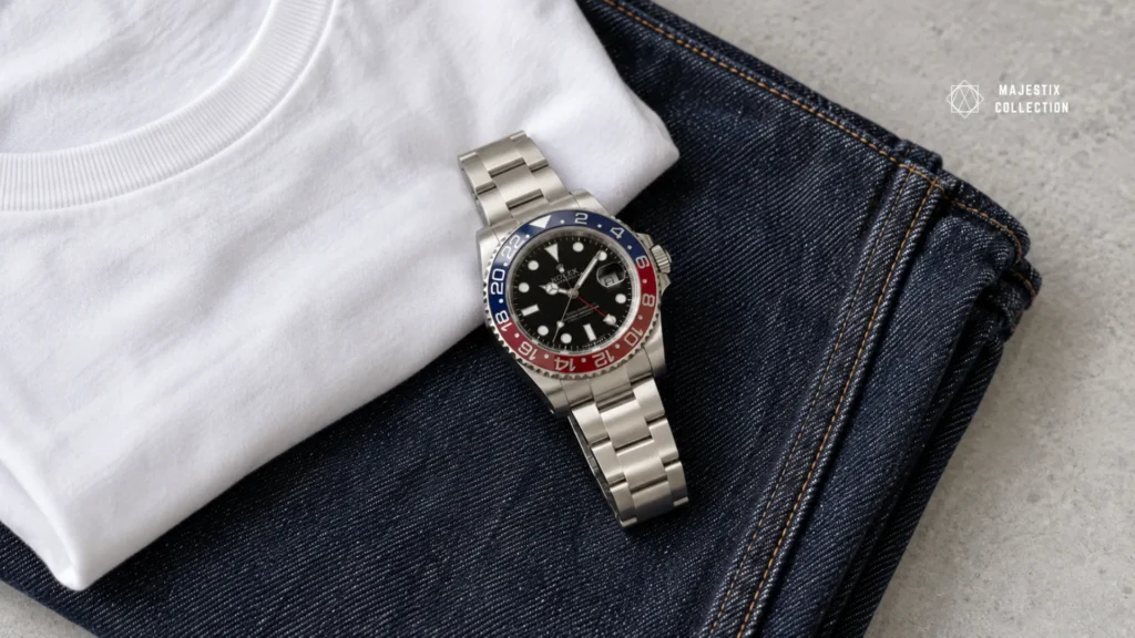 Red and blue Pepsi bezel watch styled with denim and a white tee for casual contrast