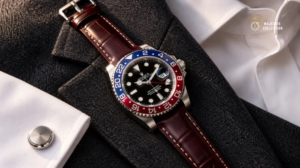 Ceramic Pepsi bezel GMT on oxblood leather strap laid on a charcoal suit and white dress shirt