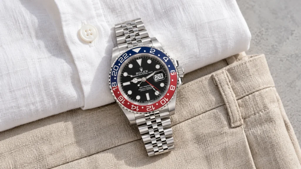 Red and blue Pepsi bezel GMT laid flat on white and stone linen for a summer outfit