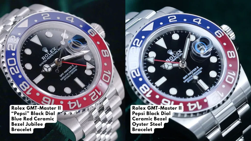 Pepsi bezel GMT-Master II shown on Oyster bracelet versus Jubilee bracelet, side by side