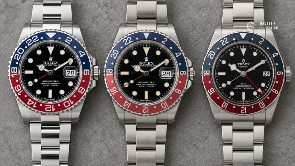 Three Pepsi bezel shades compared: cool ceramic, warm faded aluminum, and burgundy Tudor GMT