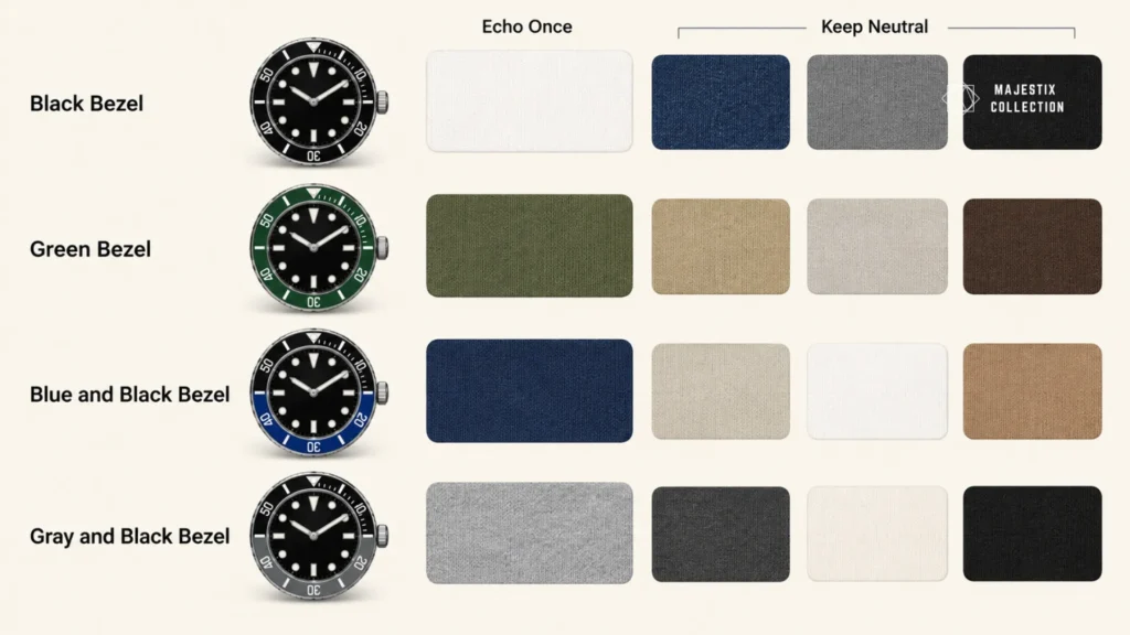Color palette guide matching Rolex bezel colors to casual outfit tones for Oyster bracelet watches