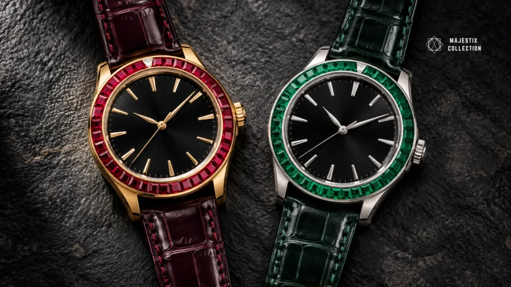 Ruby bezel watch on an oxblood strap and emerald bezel watch on a forest green strap