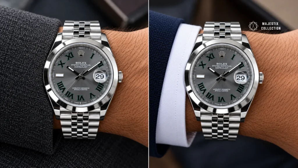 Slate gray dial watch blending into a charcoal sleeve versus standing out against a white shirt cuff