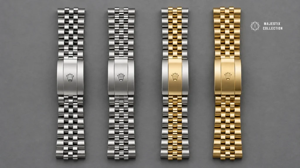 Steel, two-tone and full gold Rolex Jubilee bracelets compared side by side
