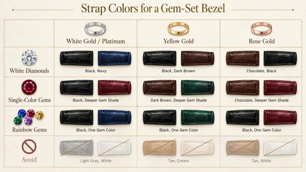 Chart of strap colors that suit a diamond or gem-set bezel by stone type and case metal