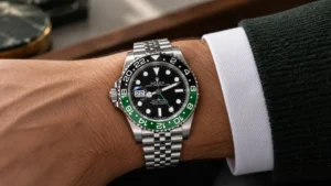 Green and black bezel Rolex GMT-Master II Sprite styled on the wrist with a charcoal sleeve