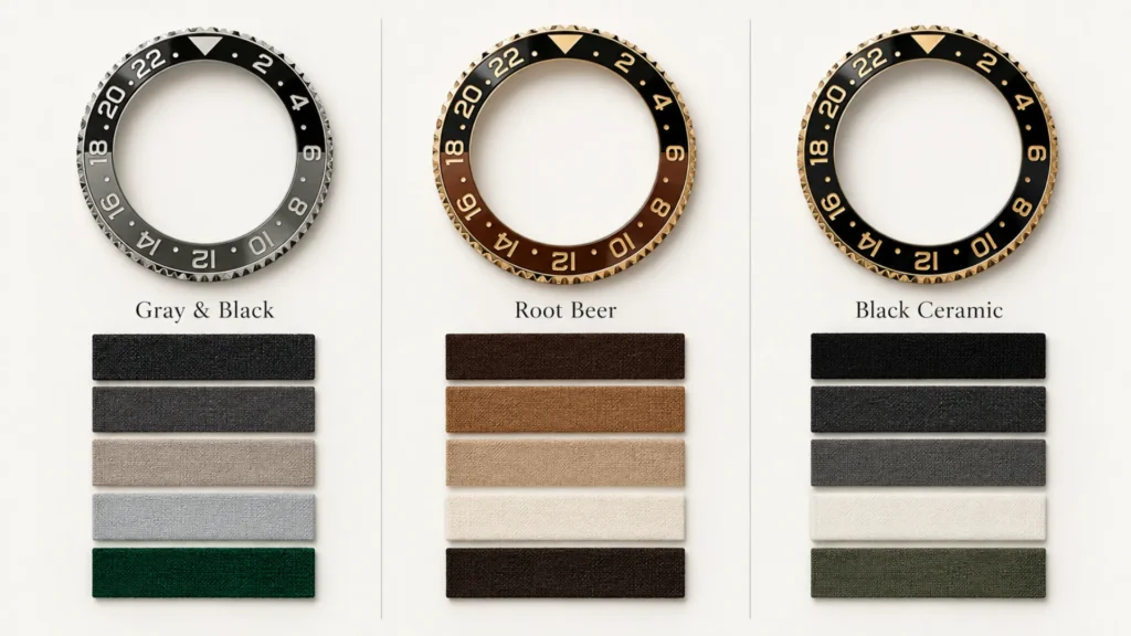 Two-tone GMT bezel colors compared with matching outfit palettes: gray-black, Root Beer brown, and black ceramic