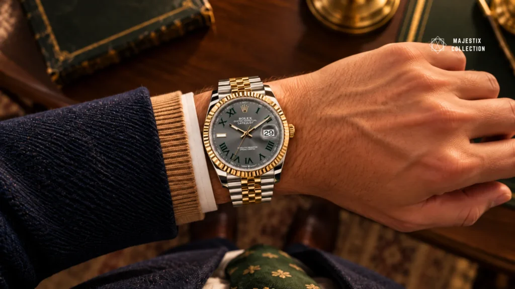 Two-tone gold slate dial watch with green Roman numerals styled with a navy jacket and camel knit