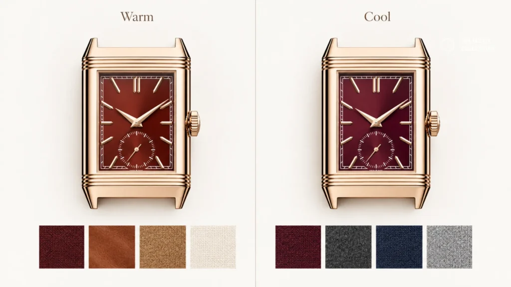 Warm vs cool burgundy dial comparison showing which outfit colors match each undertone