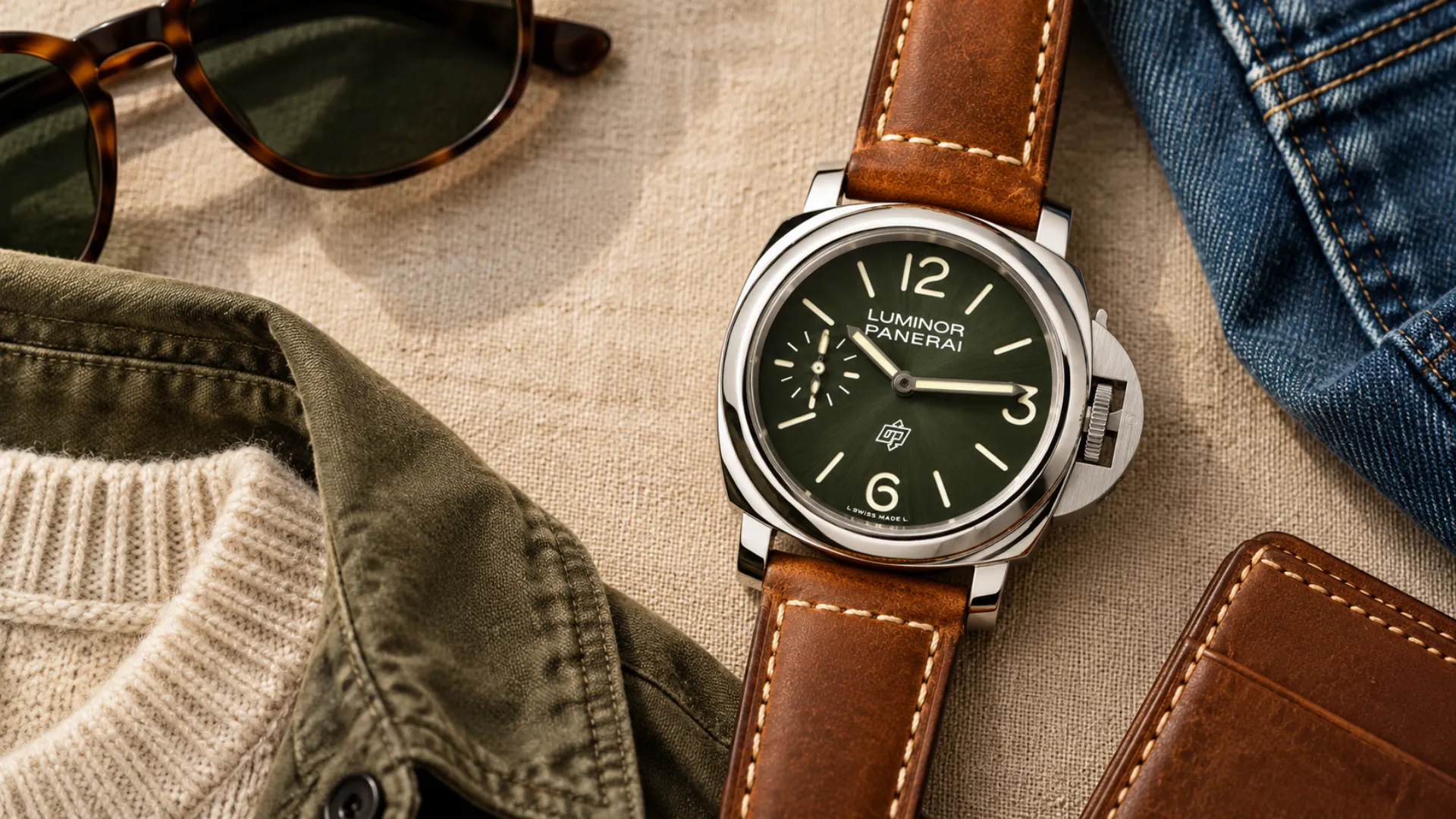 Green dial watch styled with an earth-tone outfit for a menswear styling guide