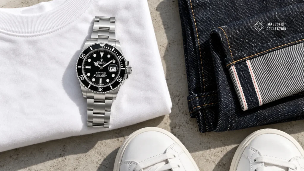 White tee, raw denim, and white sneakers casual outfit with a Rolex Submariner on a brushed Oyster bracelet